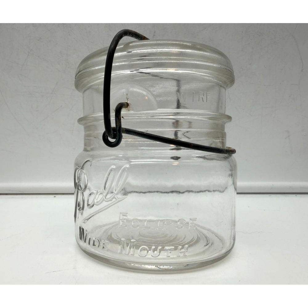 Vintage Ball Eclipse Wide Mouth Pint Mason Jar Clear Glass Wire Bail Lid